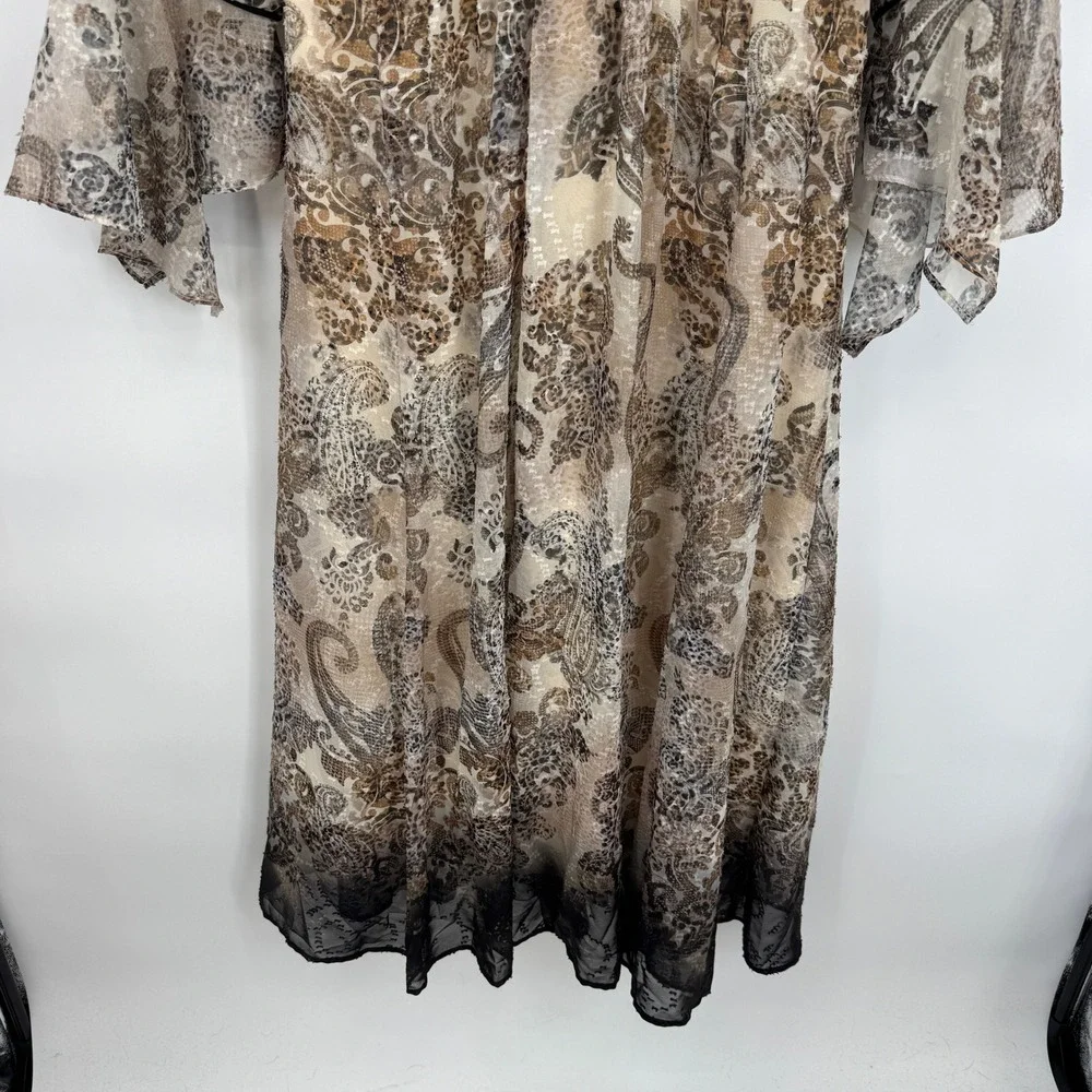 Reba Midi Dress Womens Large Paisley Print Chiffon Brown Black Bell Sleeve Boho